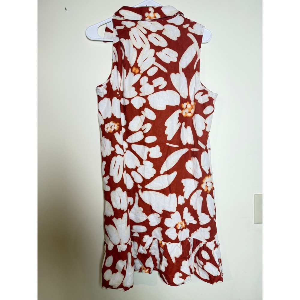 London Times Rust Orange White Floral Linen Blend Ruffle Hem Shift Dress Size 10